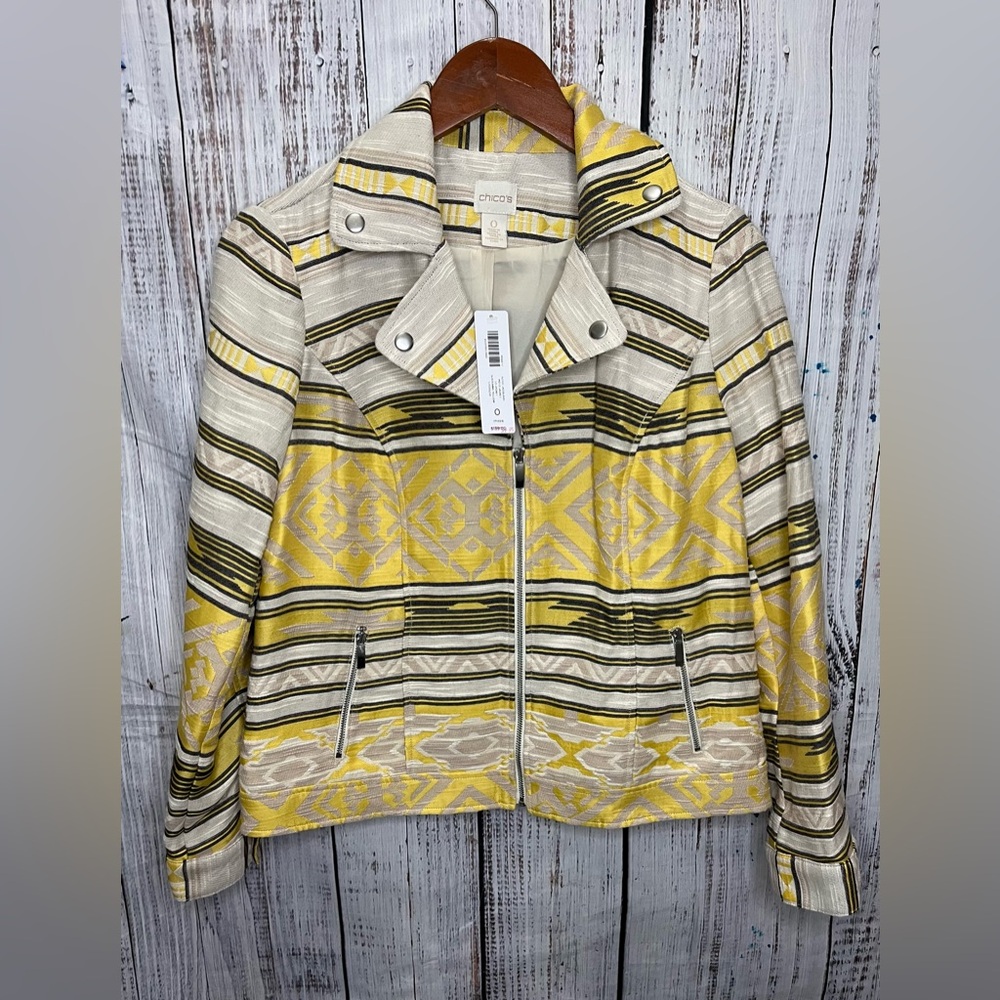 Chicos Size 0 Full Zip Aztec Jacquard Moto Jacket Women Small Yellow Black Lined